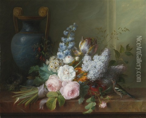 A Bouquet Of Flowers With A Bird's Nest Oil Painting - Cornelis van Spaendonck