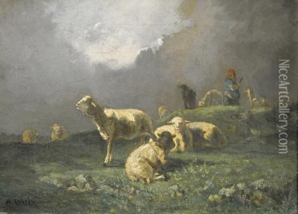 Landschaft Mit Schafen Und Schaferin. Oil Painting - Antonio Cordero Cortes