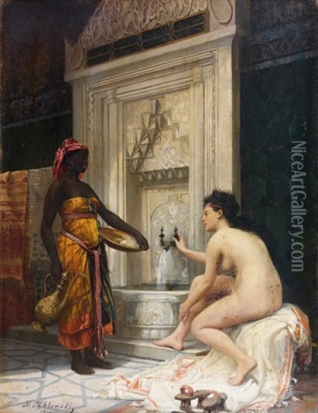 Une Femme Turque Au Bain Oil Painting - Stanislaus von Chlebowski