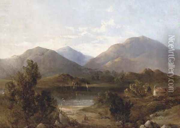 Figures before a lake in a mountainous landscape Oil Painting - English School