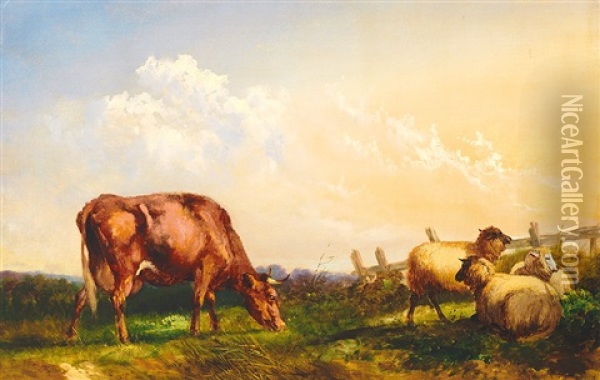 Weidelandschaft Mit Kuh Und Schafen Neben Gatter Oil Painting - Robert Payton Reid