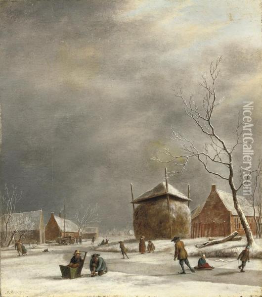 A Winter Landscape With Skaters On A Frozen River Near A Haystack Oil Painting - Johannes Janson