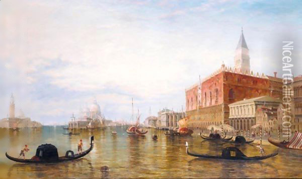 Gondolas On The Grand Canal In Front Of The Doge's Palace, Venice Oil Painting - Edward Pritchett