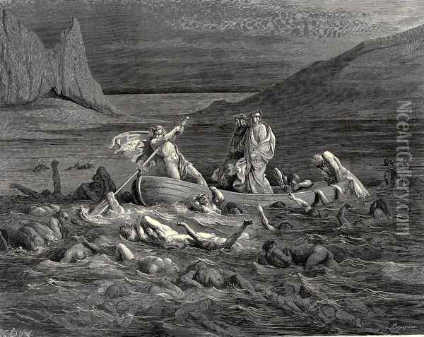 The Inferno, Canto 8, lines 27-29: Soon as both embark'd, Cutting the waves, goes on the ancient prow, More deeply than with others it is wont. Oil Painting - Gustave Dore