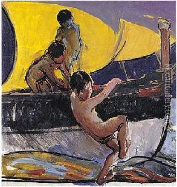 Ninos Jugando En Una Barca (children Playing In A Boat) Oil Painting - Joaquin Sorolla Y Bastida