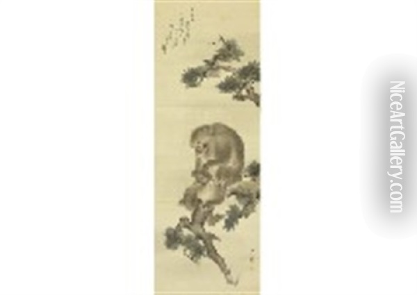 Mother And Child Of Monkey On Pine Tree Oil Painting - Sosen Mori