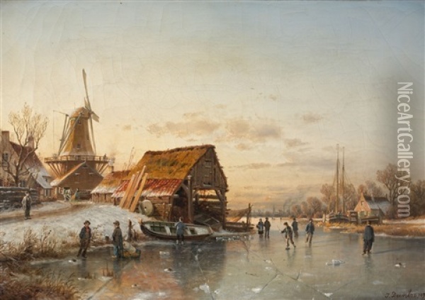 Winter Landscape With Skaters Oil Painting - Johannes Bartholomaeus Duntze