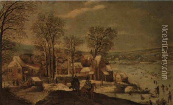 Winter Landscape With Figures Skating Oil Painting - Joos de Momper the Younger
