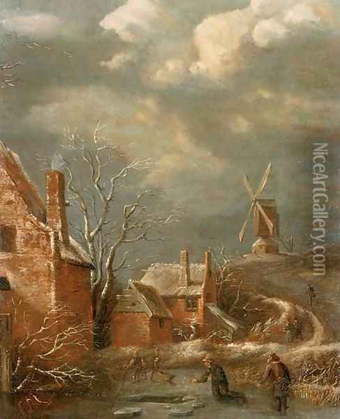 A winter landscape with figures on a frozen lake, cottages nearby and a windmill beyond Oil Painting - Claes Molenaar (see Molenaer)