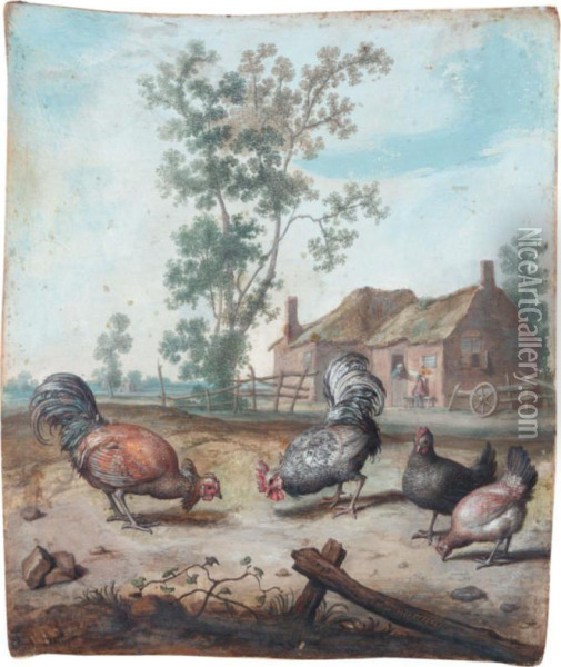 Cockerels And Chickens In A Farmyard Oil Painting - Margaretha De Heer