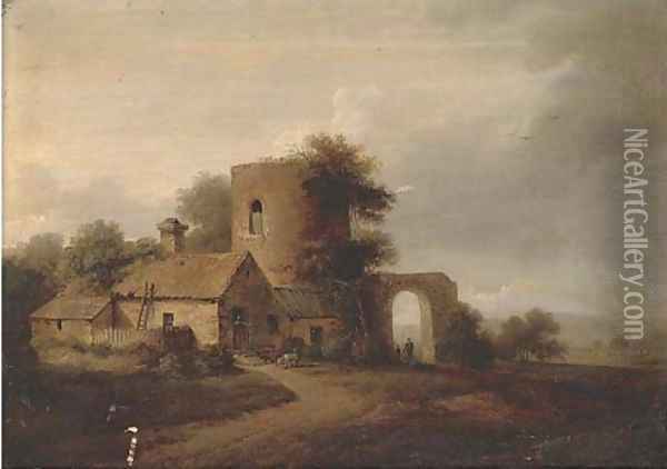 A landscape with farm buildings and figures Oil Painting - Anglo-Dutch School