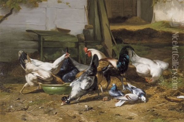 At The Farmyard Oil Painting - Eugene Remy Maes