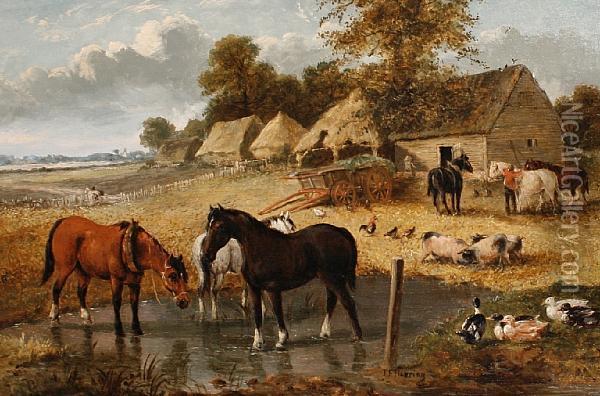 Farmyard Scene With Horses Drinking From Astream Oil Painting - John Frederick Herring Snr