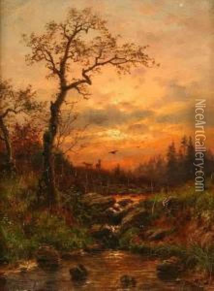 Sunset With Deer And Birds Oil Painting - Georg Schmitz