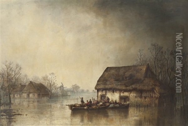 Pommersche Hutten Bei Uberschwemmung Oil Painting - Ludwig Hermann