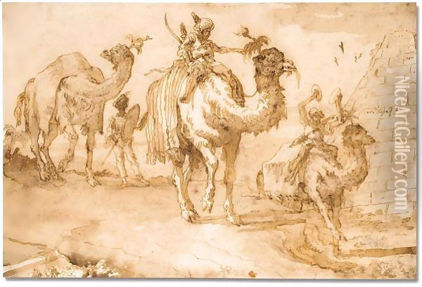 Orientals riding camels near a pyramid Oil Painting - Giovanni Domenico Tiepolo