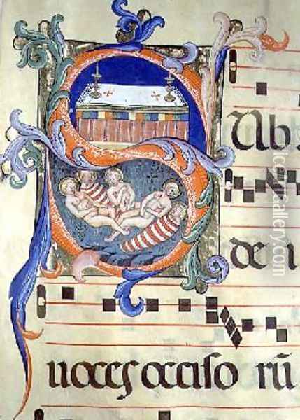 Ms 571 f.70r Historiated initial 'S' with the Massacre of the Innocents, from an antiphonal Oil Painting - Don Simone Camaldolese