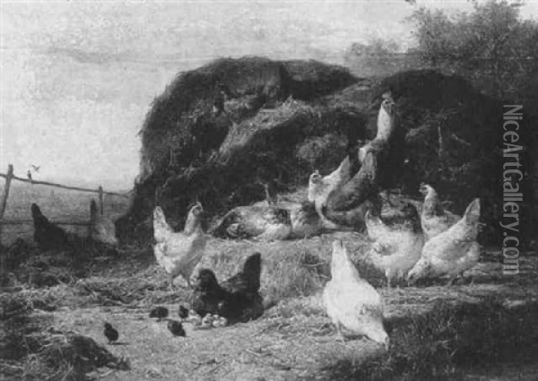Chickens On A Haystack Oil Painting - Eugene Remy Maes