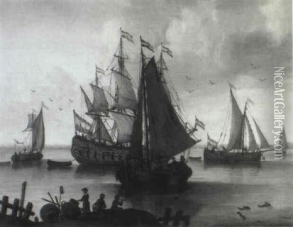 Marine Avec Vaisseaux Par Temps Calme Oil Painting - Willem van Diest
