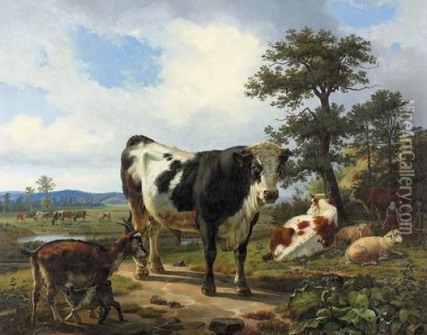 Stier Auf Sommerlicher Weide. Oil Painting - Friedrich Karl Simmler