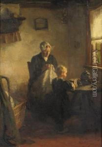 Mother And Child In A Dutch Interior Oil Painting - Lammert Van Der Tonge
