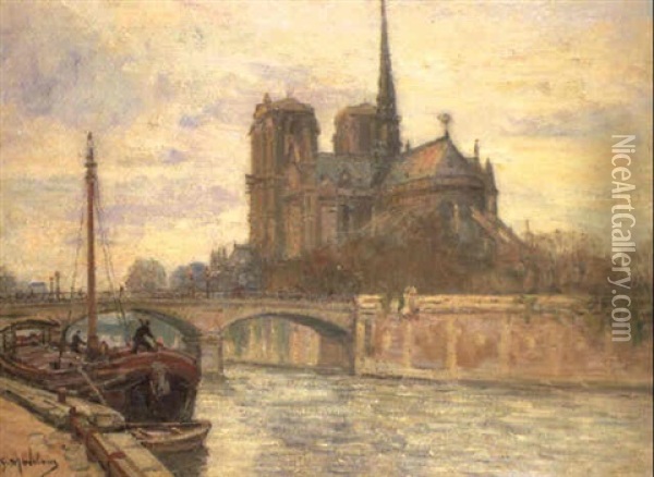 Peniche A Quai Derriere Notre-dame Oil Painting - Gustave Madelain