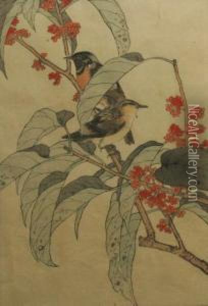 Two Birds On A Branch Oil Painting - Imao Keinen