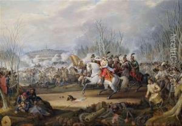 Battle Scene From The Napoleonic Wars. Oil Painting - Johann Baptist Pflug