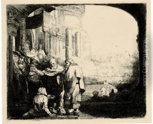 Saint Peter And Saint John 
Healing The Cripple At The Gate Of The Temple (b., Holl. 94; H. 301) Oil Painting - Rembrandt Van Rijn