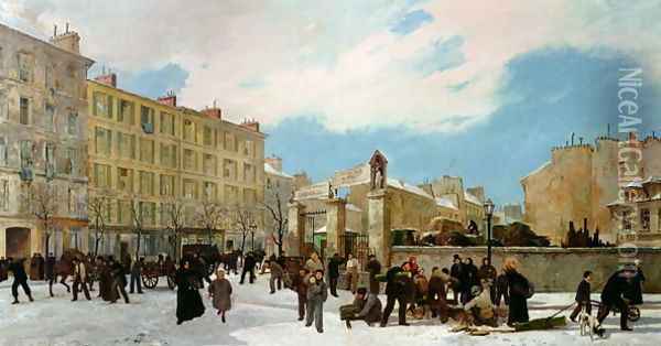 Siege of Paris A Yard for Firewood Boulevard de Montparnasse Oil Painting - Jacques Guiaud