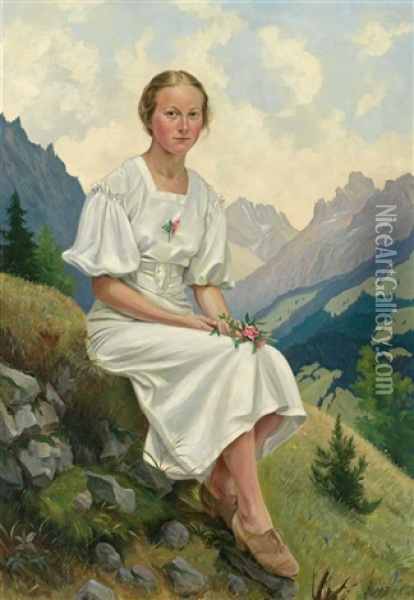 Bergfruhling. Portrait Der Paula Weis Vor Gebirgshintergrund Oil Painting - Otto Keck