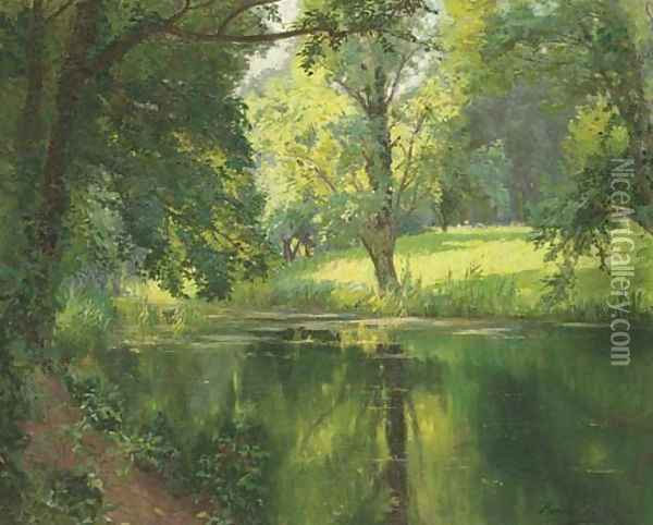 A quiet stretch of the river Oil Painting - Henri Biva