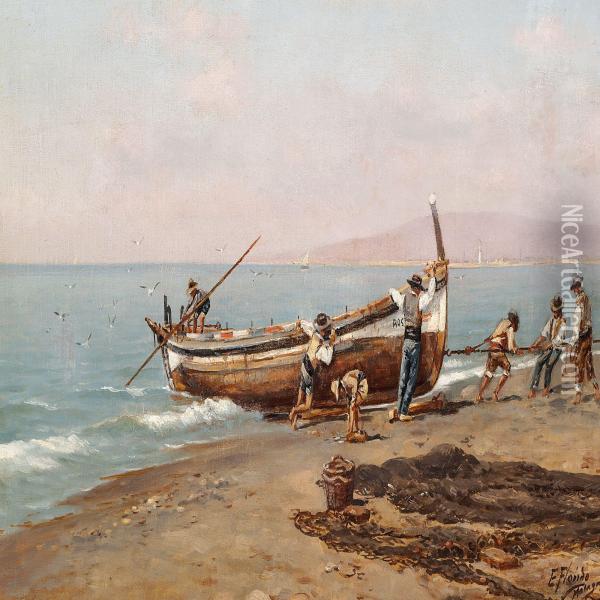 View Of Thecoast Of Malaga With Fishermen At Their Boats Oil Painting - Enrique Florido Bernils
