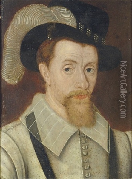 Portrait Of King James I In A Plumed Hat Oil Painting - John Decritz the Elder