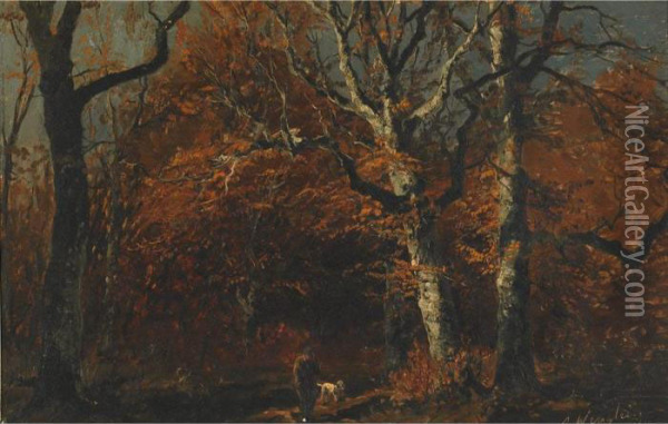 Hunter With His Dog In The Woods; Campsite In Aclearing Oil Painting - Joseph Wenglein