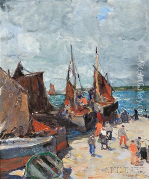 Unloading The Catch, Brittany Oil Painting - Harry Aiken Vincent