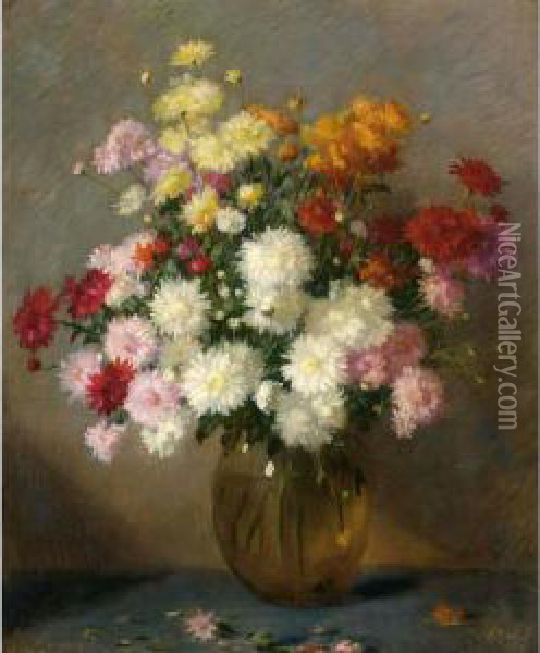 A Flower Still Life With Chrysanthemum In A Glass Bowl Oil Painting - Salomon Garf