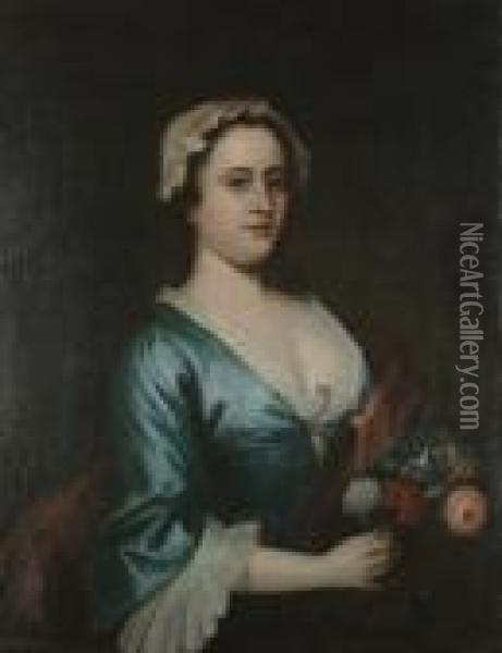 Portrait Of A Young Lady Half Length, Wearing A Blue Dress, Holding A Posey Of Flowers Oil Painting - William Hogarth