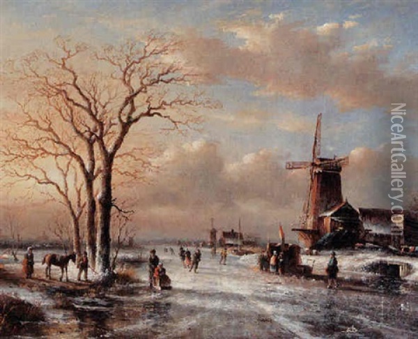 Winter Scene With Figures Enjoying Themselves On The Ice Oil Painting - Gerrit Hendrik Gobell