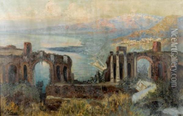 Das Antike Theater Von Taormina Mit Blick Auf Den Atna Oil Painting - Gerelamo Varese
