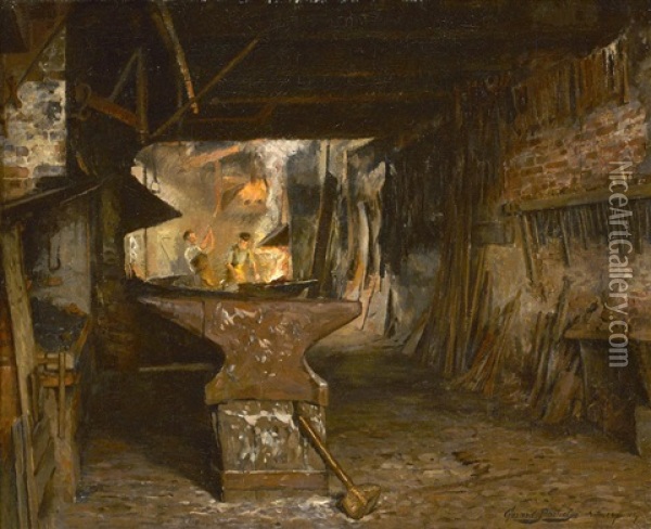 In The Blacksmith's Shop Oil Painting - Gerard Jozef Portielje
