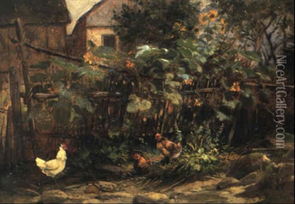 Huhnerstall Vor Bluhenden Sonnenblumen Oil Painting - Carl Jutz the Elder