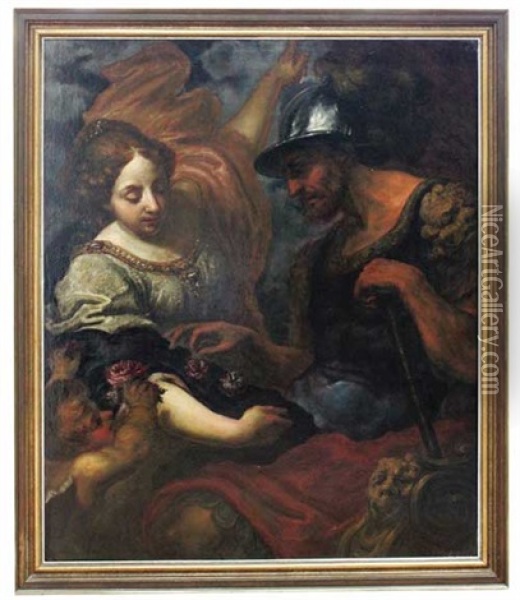 Landsknecht Und Junge Frau, Die Dem Soldaten Rosenbluten Reicht. Vorne Links Ein Putto Oil Painting - Michele Desubleo