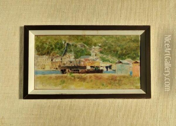 Italienischer Hafen Mit Grosem Schiff Oil Painting - Roberto Fontano