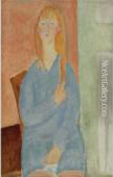 Jeune Fille Assise, Les Cheveux Denoues (jeune Fille En Bleu) Oil Painting - Amedeo Modigliani