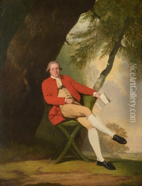 Portrait Of Squire Austin Wearing A Red Jacket And Seated Beneath A Tree Holding A Book Oil Painting - Francis Wheatley