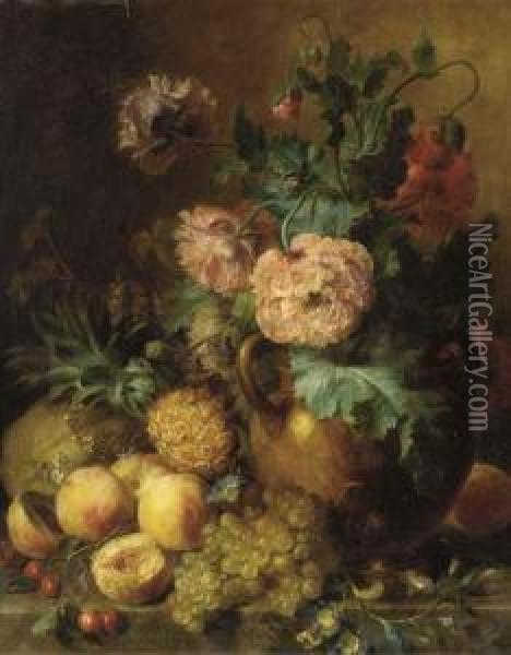 Peaches, Grapes, A Melon, And A Pineapple With Peonies In An Urn Ona Ledge Oil Painting - Cornelis van Spaendonck