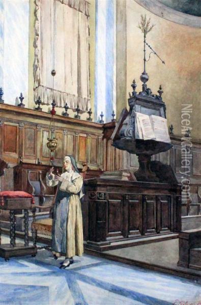 Church Interior With A Nun Oil Painting - Pietro Gabrini
