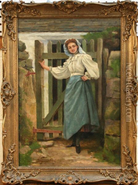 Lady At A Cottagegate Oil Painting - John Thompson Dunning