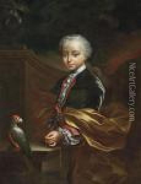 Portrait Of A Young Boy, Three-quarter-length, In A Blue Coat And Gold Wrap, A Chain In His Left Hand, Beside A Parrot, In A Classical Garden Oil Painting - Pierre Subleyras